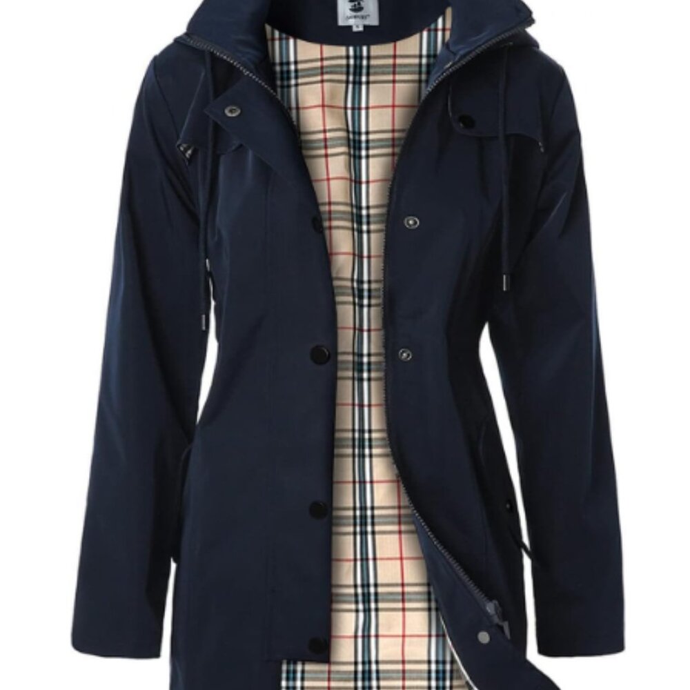 Women's Navy Long Hooded Jacket Outdoor Windbreaker